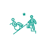 To people moving uphill towards a star, one is in a wheel chair the other walks. 