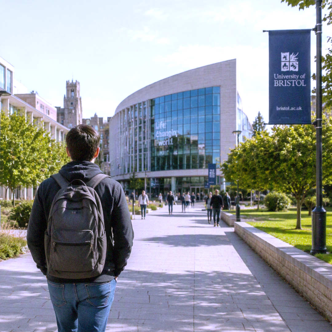 An image picturing a young man walking towards Bristol University
