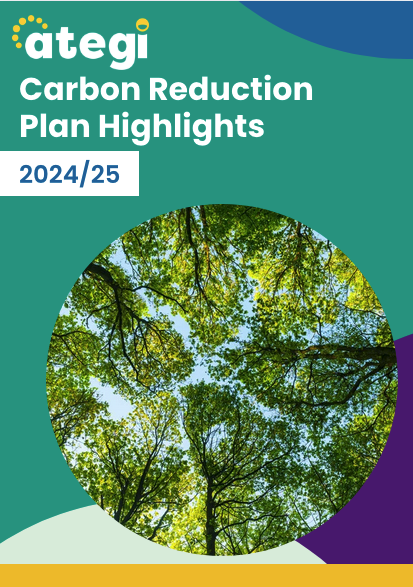 Front cover of Carbon Reduction Plan Highlights, includes a picture of trees.