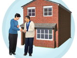A man with support needs outside of his houose with a support worker. 