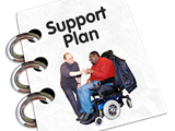 Image of a booklet with the words support plan written on it along with an image of a man in a wheel chair being supported. 