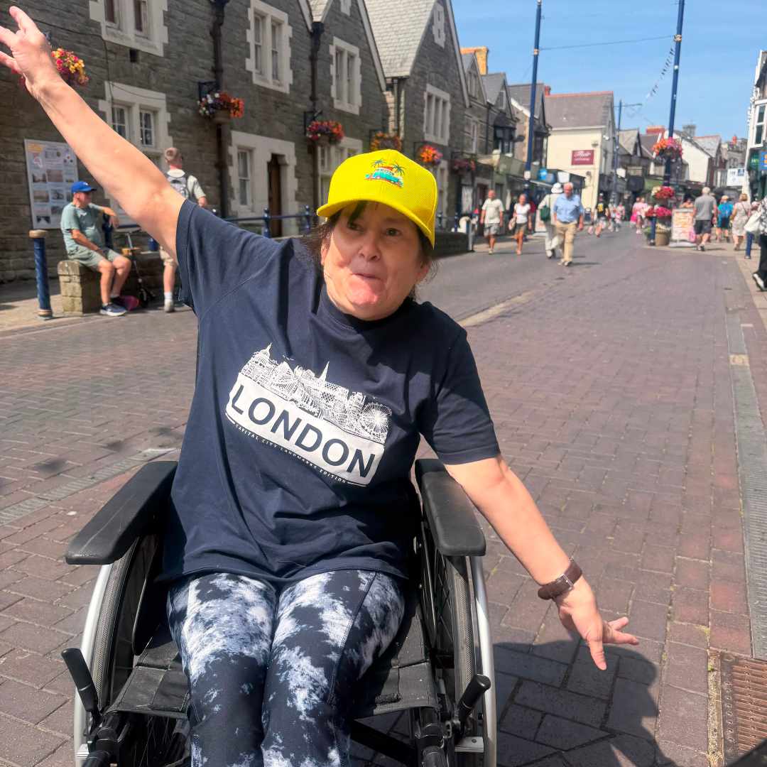 An image picturing Liz on the high street in Porthcawl.