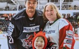 Tom and Sarah with a Cardiff Devil's hockey player. 